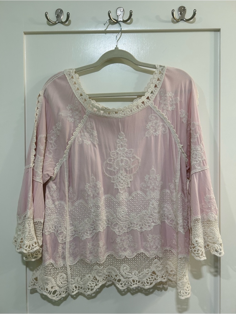 Democracy Pink Embroidered Crochet Lace Blouse Small Bell Sleeve Boho